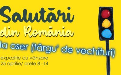 Expoziția cu vânzare „Salutări din România” a Luciei Mărneanu, de vânzare la târgul de vechituri Oser din Cluj-Napoca. Vânzătoarea – actrița Andrada Balea