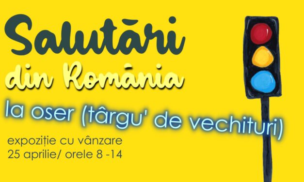 Expoziția cu vânzare „Salutări din România” a Luciei Mărneanu, de vânzare la târgul de vechituri Oser din Cluj-Napoca. Vânzătoarea – actrița Andrada Balea